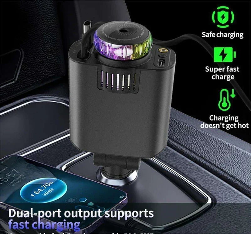 شاحن سيارة 5 في 1 ستارلايت، شاحن سيارة USB سريع مع إضاءة محيطة