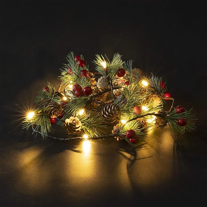 Christmas PineCones String Lights Needles Red Berries