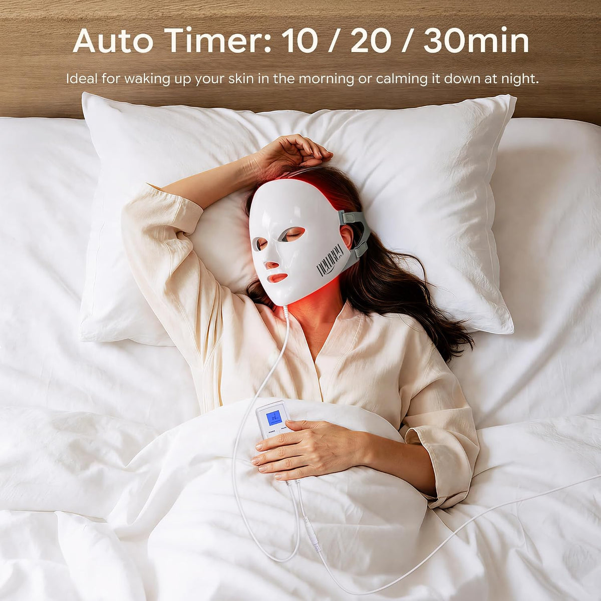 Woman relaxing with a 7-Color LED face mask, showcasing LED face mask benefits with an auto timer.