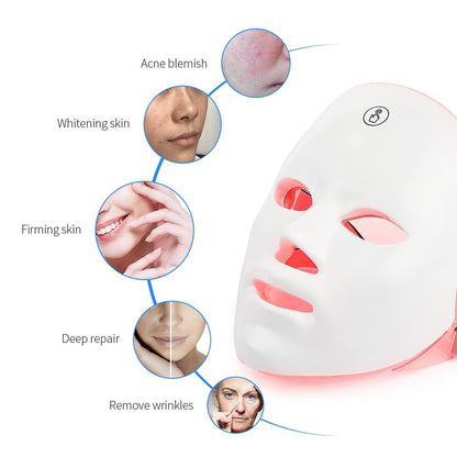 7-Color LED Light Therapy Face Mask showcasing LED face mask benefits for acne, whitening, firming, deep repair, and wrinkle removal.
