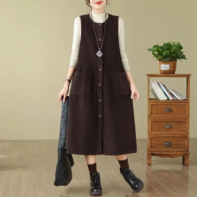 Retro Washed Corduroy Spring Autumn Vest Dress Women's Color