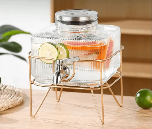 Premium 2L Glass Water Server with Elegant Gold Stand & Leak-Proof Stainless Steel Tap