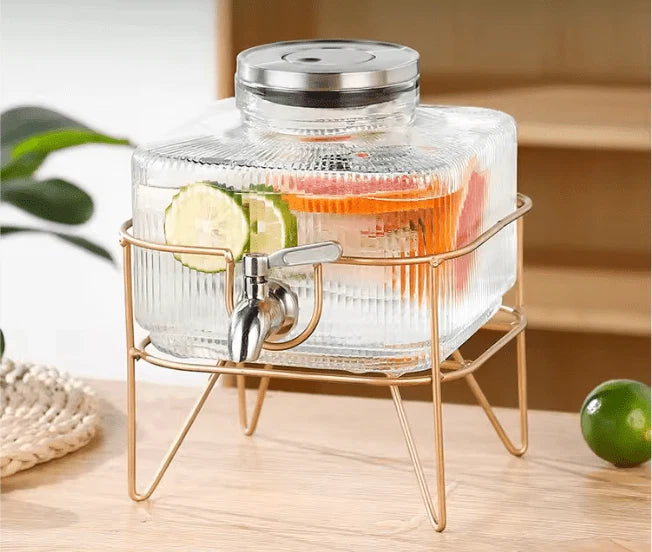 Premium 2L Glass Water Server with Elegant Gold Stand & Leak-Proof Stainless Steel Tap