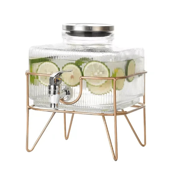 Premium 2L Glass Water Server with Elegant Gold Stand & Leak-Proof Stainless Steel Tap